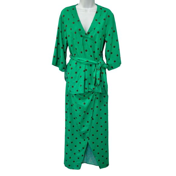 Zara Green Brown Polka Dot Midi Skirt Half Sleeve Top Set size S Blogger Fave - Picture 2 of 16